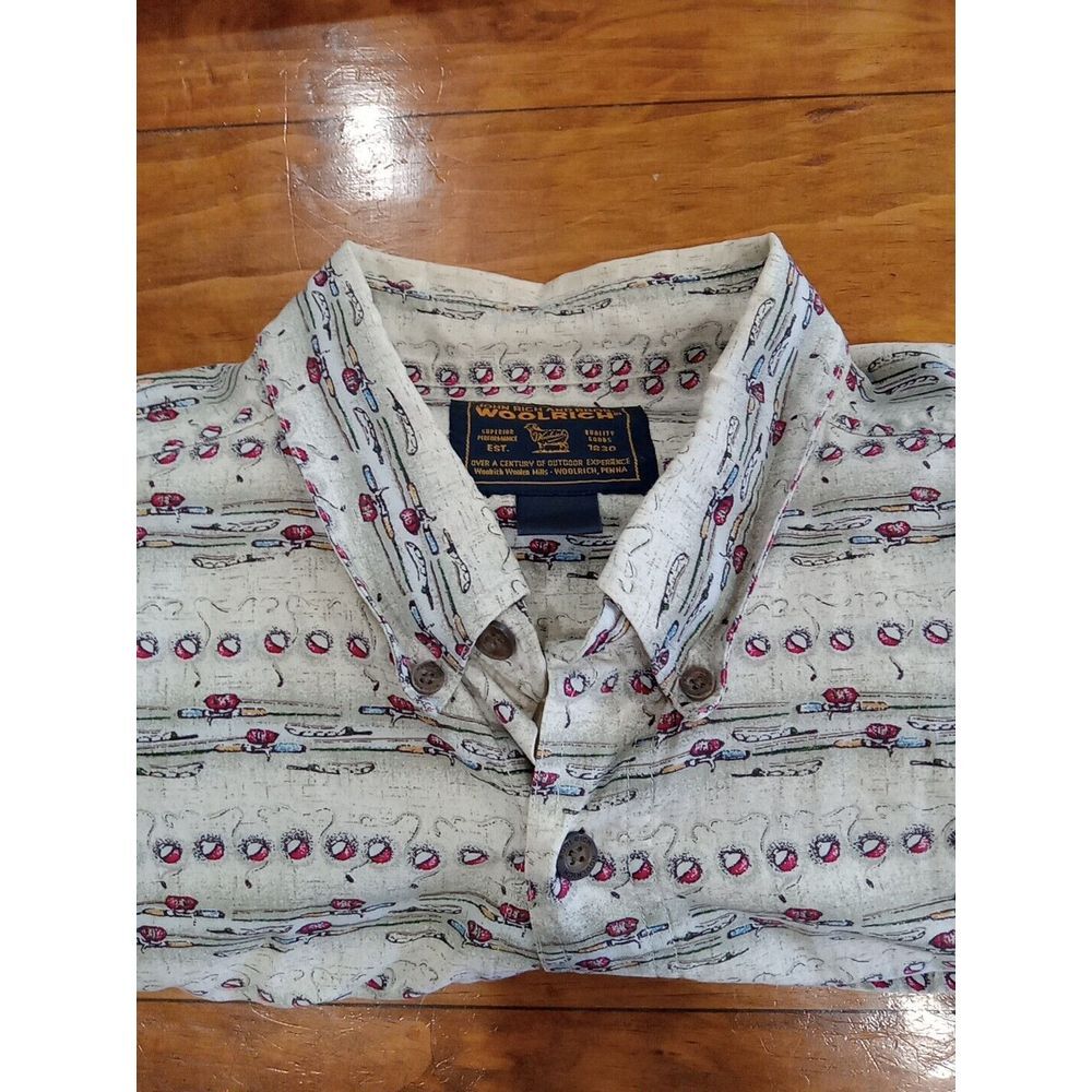 VTG Woolrich Fishing Allover Print Mens 2XL Fish Pattern Theme Button Up Shirt